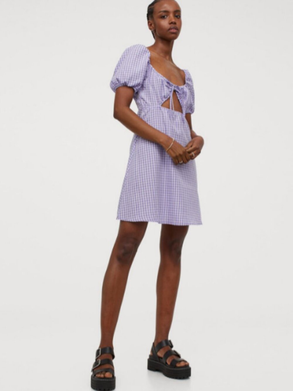 H&M Divided Lilac Gingham Puff Sleeve Cutout Tie Front Mini Dress M